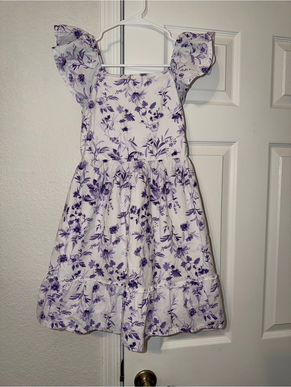 Gap Girls' White and Purple Floral Ruffle-Sleeve Dress
